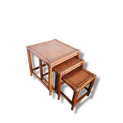 Vintage Bamboo & Rattan Nesting Tables – Set of Three Square Boho Tables