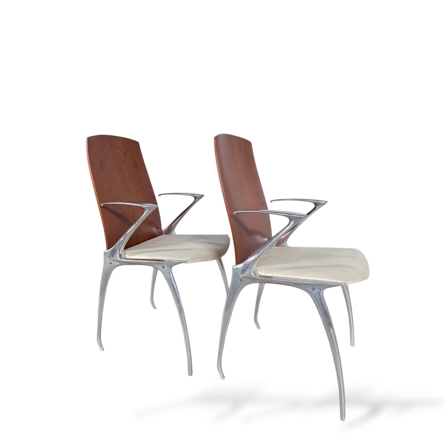 Pair of Japanese ‘Blade Runner’ Sculptural Chairs – Aluminium & Wood Futuristic Design