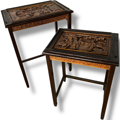 Vintage Chinese Camphor Wood Nest of Tables – Hand Carved Oriental Side Tables, Tall Nesting Tables