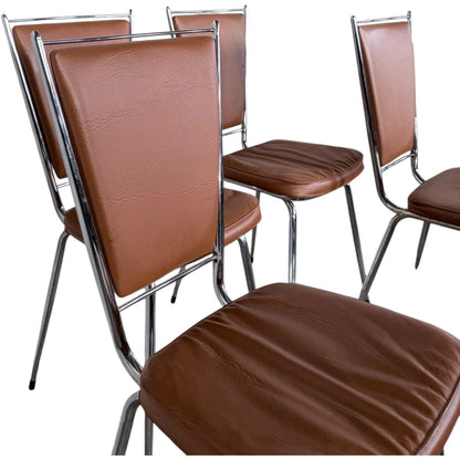 Chrome Dining Chairs - Set of Four Vintage 1970s French Leatherette Upholstery