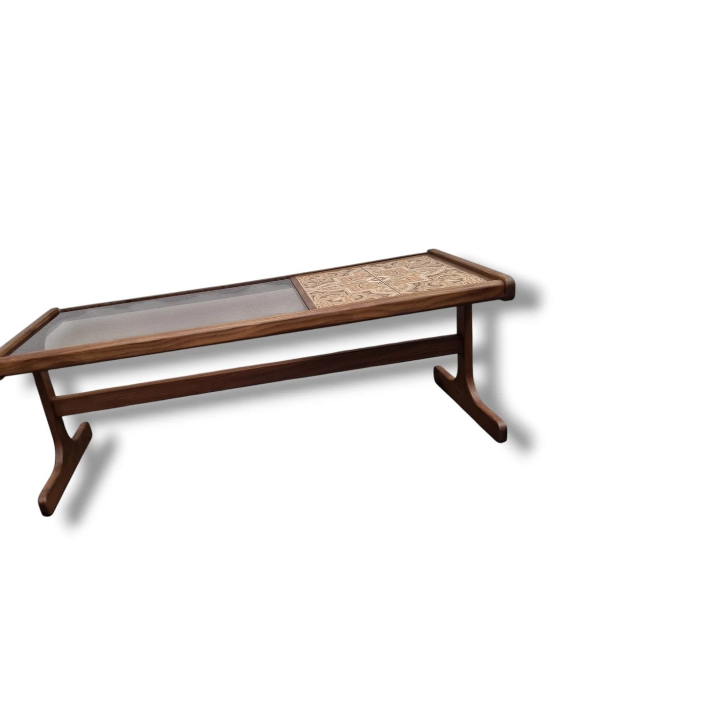 G Plan Coffee Table – Mid Century Teak Table with Smoked Glass Top & Patterned Tiles