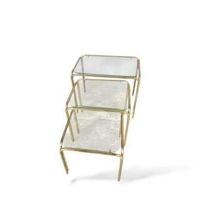 Vintage Brass and Glass Nest of Tables – 1970s Hollywood Regency Style