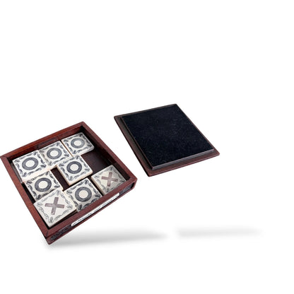 Carved Wood & Tile Noughts and Crosses Game – Vintage Tic Tac Toe Set