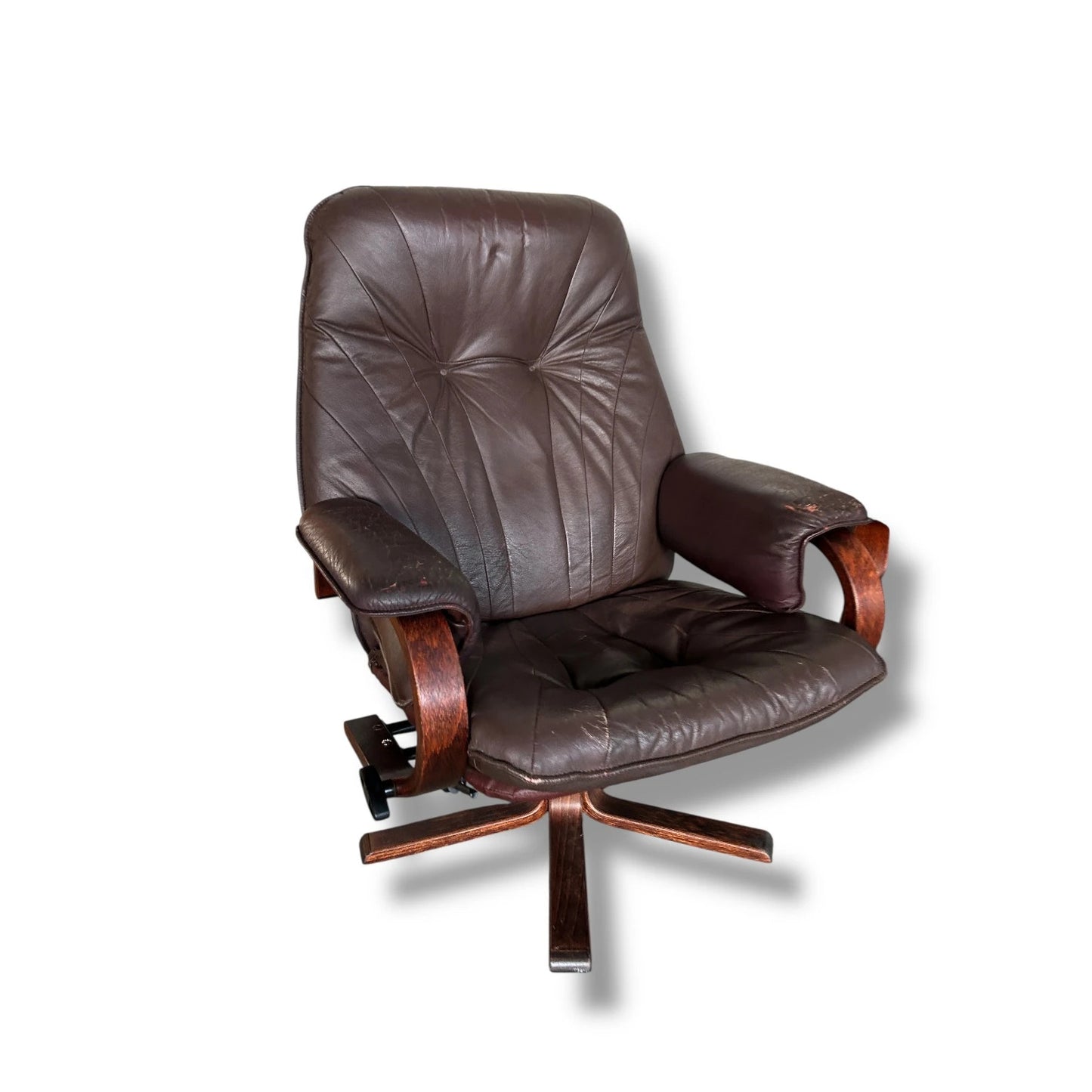 Pair of Vintage Brown Leather Reclining Swivel Armchairs – Danish Stressless Style Chairs