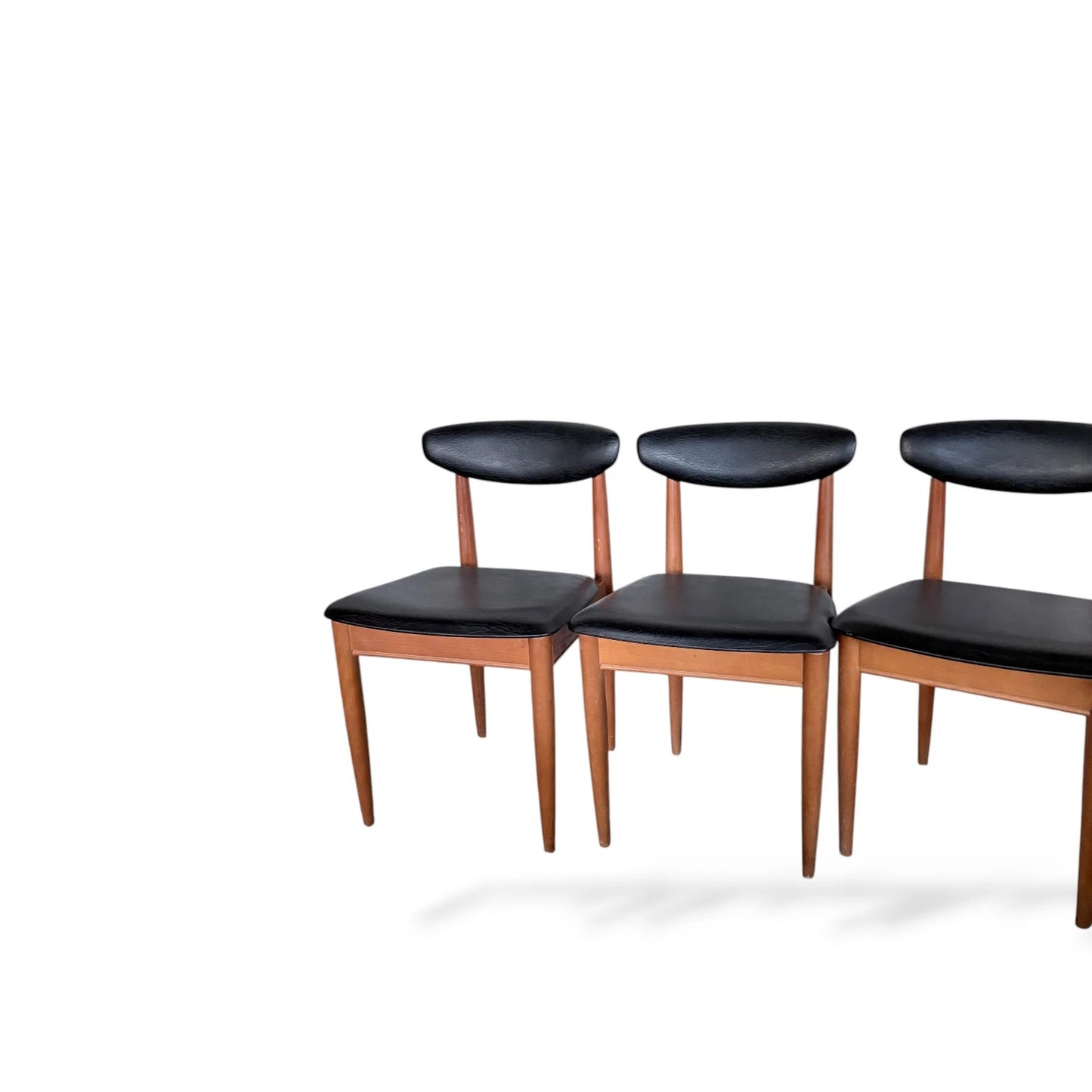Set of 4 Schreiber Mid-Century Modern Dining Chairs – Teak & Black Vinyl