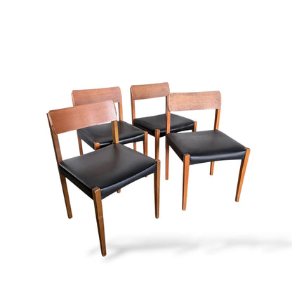 Set of Four Teak Dining Chairs | Mid-Century Modern | Black Vinyl Seats