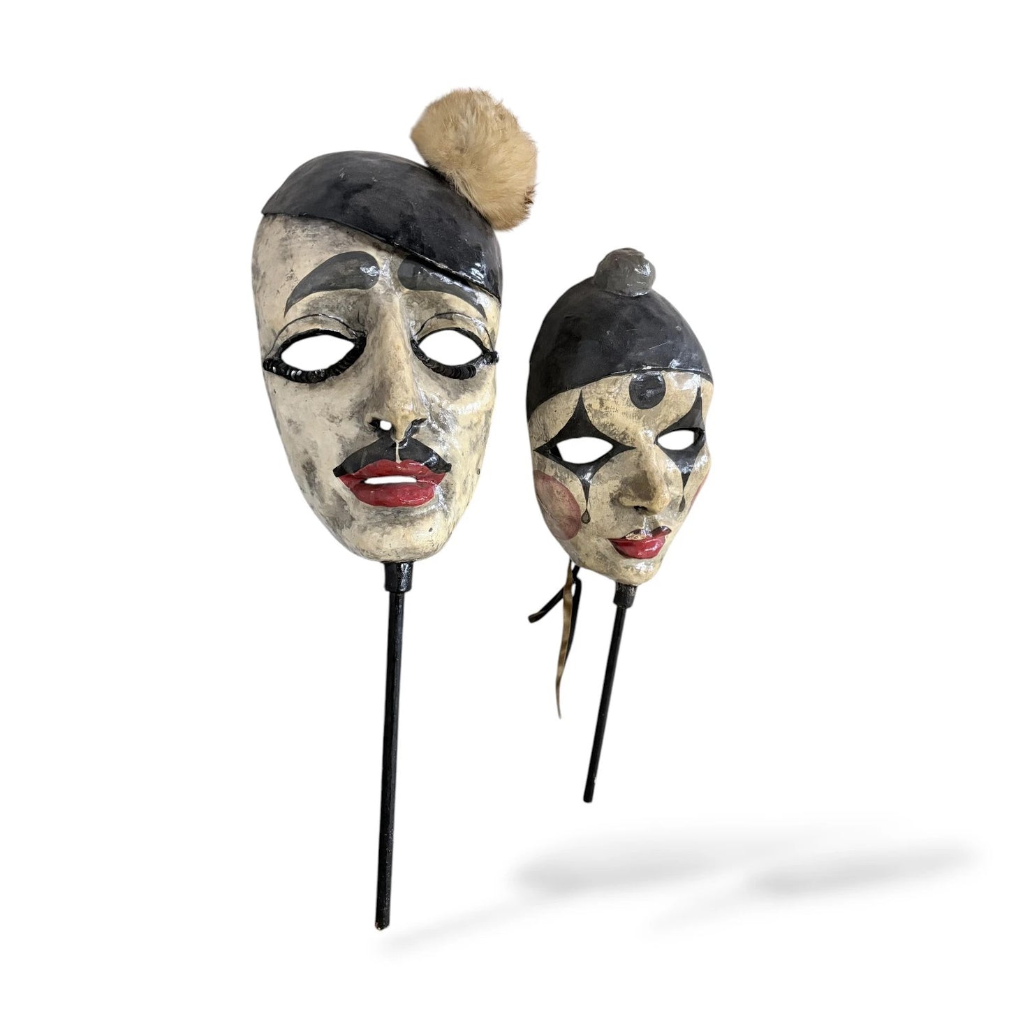 Pair of Vintage Puppet Head Masks – Papier-Mâché Theatre Figures