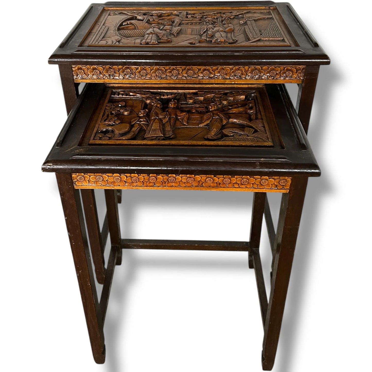 Vintage Chinese Camphor Wood Nest of Tables – Hand Carved Oriental Side Tables, Tall Nesting Tables