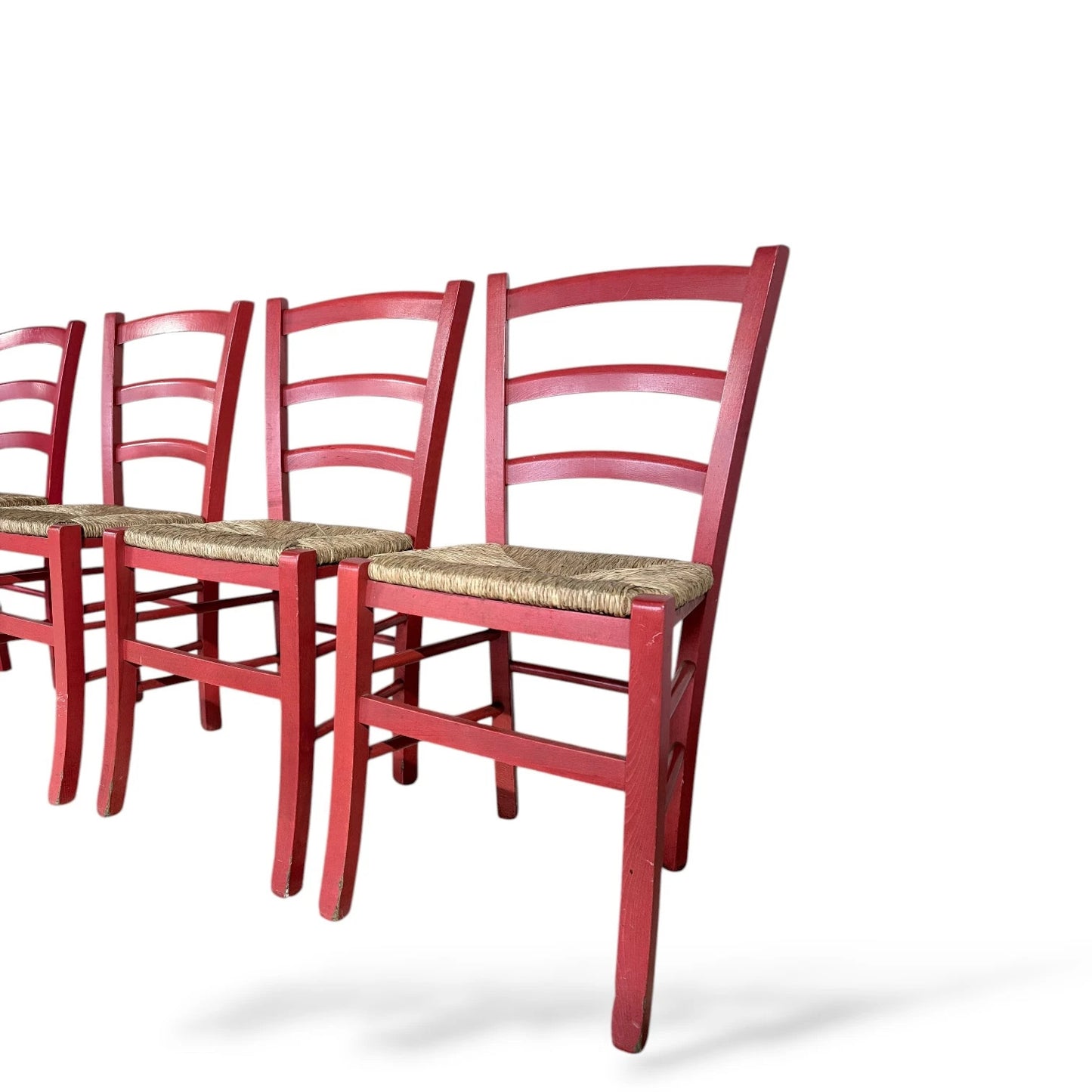 Set of Four Italian Red Oak Ladderback Chairs with Rush Seats