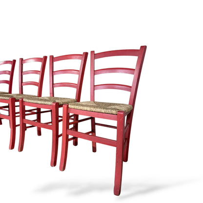 Set of Four Italian Red Oak Ladderback Chairs with Rush Seats