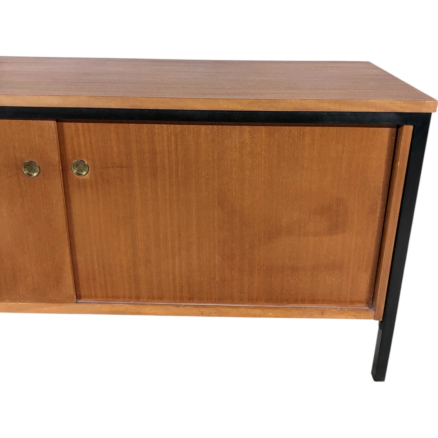 Mid Century Sideboard | Vintage Industrial Sliding Door Cabinet With Brass Handles