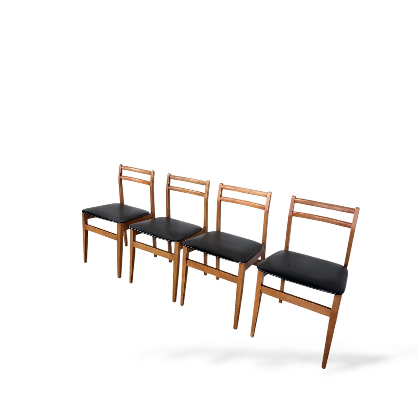 Set of 4 Mid-Century Beech Dining Chairs with Black Vinyl Seats