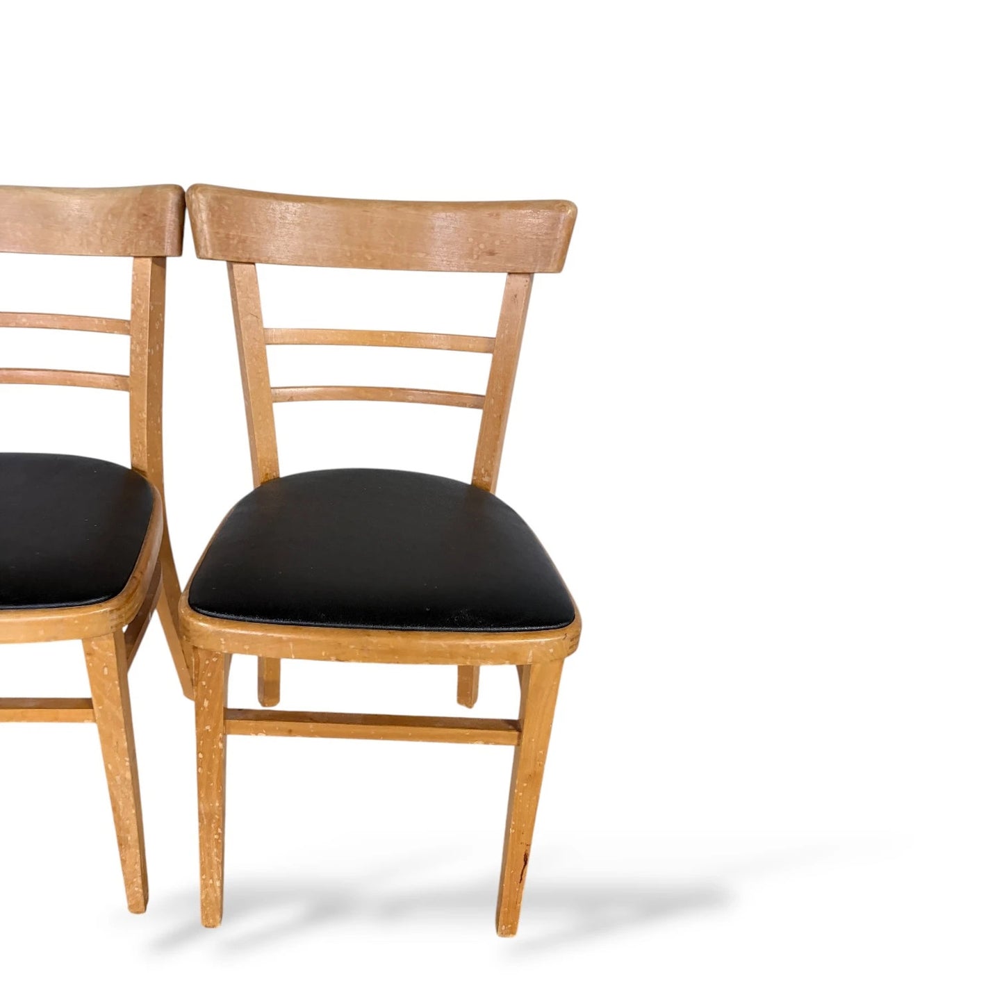 Pair of Vintage Beech Dining Chairs with Black Vinyl Seats – Mid-Century