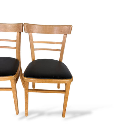 Pair of Vintage Beech Dining Chairs with Black Vinyl Seats – Mid-Century
