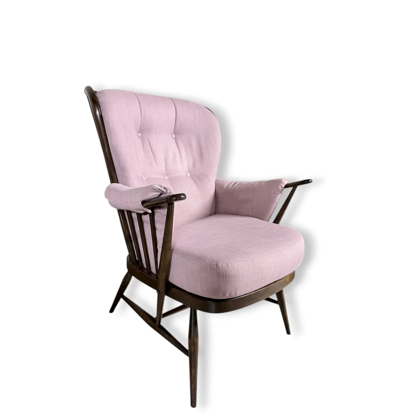 Ercol Everest Armchair – Mid Century Dark Beech Frame | Dusty Pink Upholstery