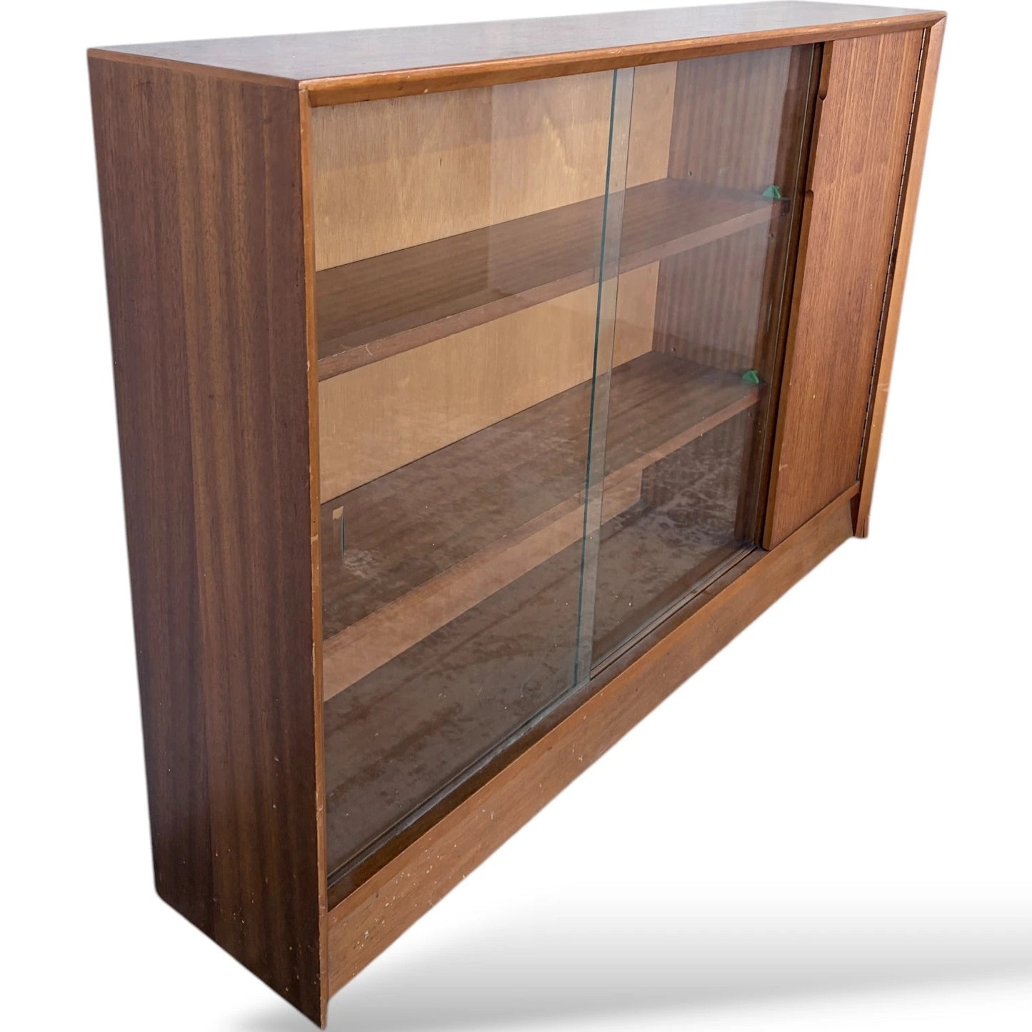 Teak Bookcase With Sliding Glass Doors – Mid Century Adjustable Shelving Cabinet