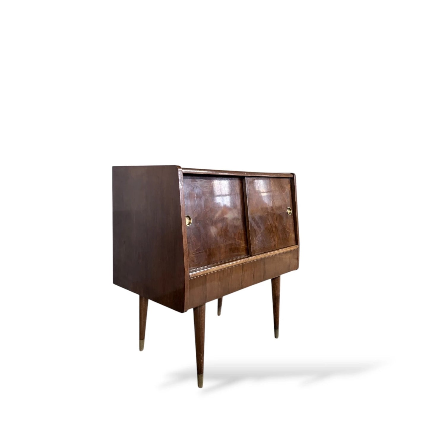 Mid-Century Walnut Record Cabinet with Sliding Doors & Drawers