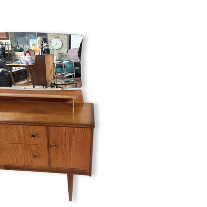 Mid Century Dressing Table | Vintage Teak Vanity with Brass Handles & Mirror