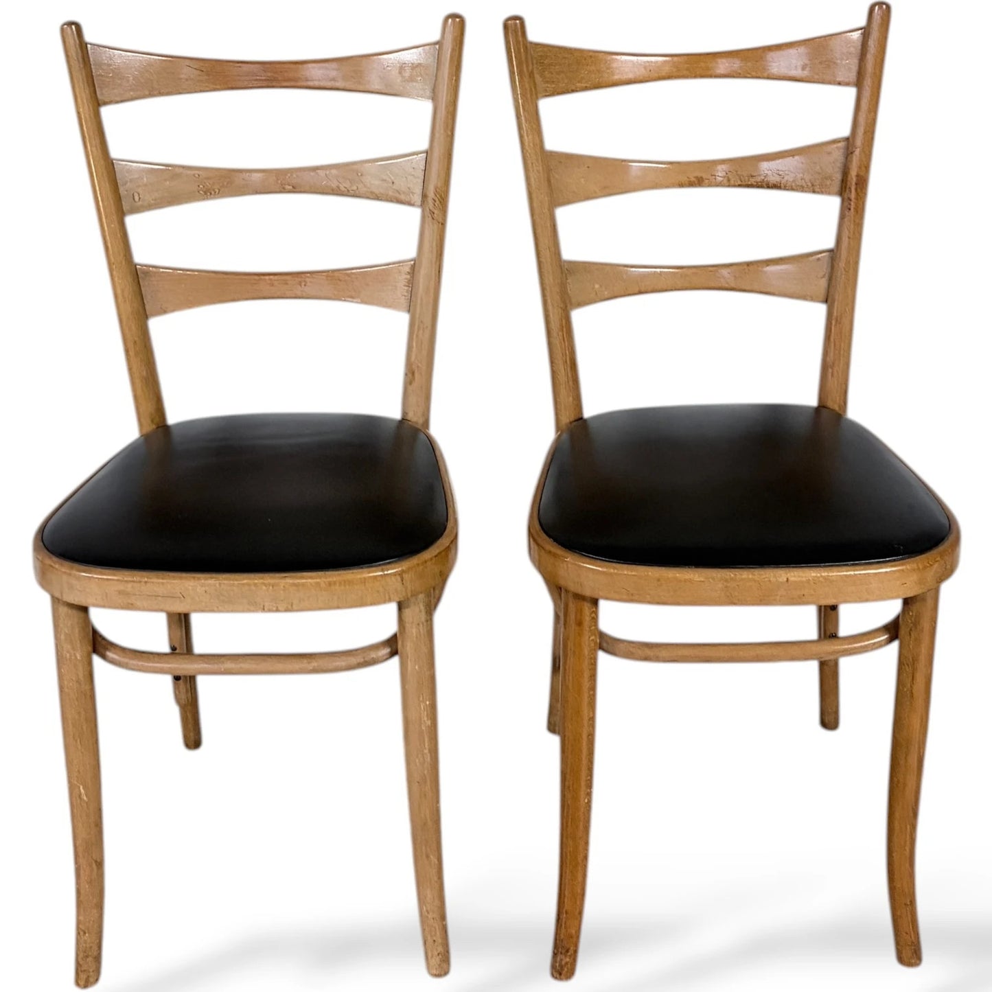 Pair of Bentwood Beech Dining Chairs with Black Vinyl Seats – Mid-Century Style