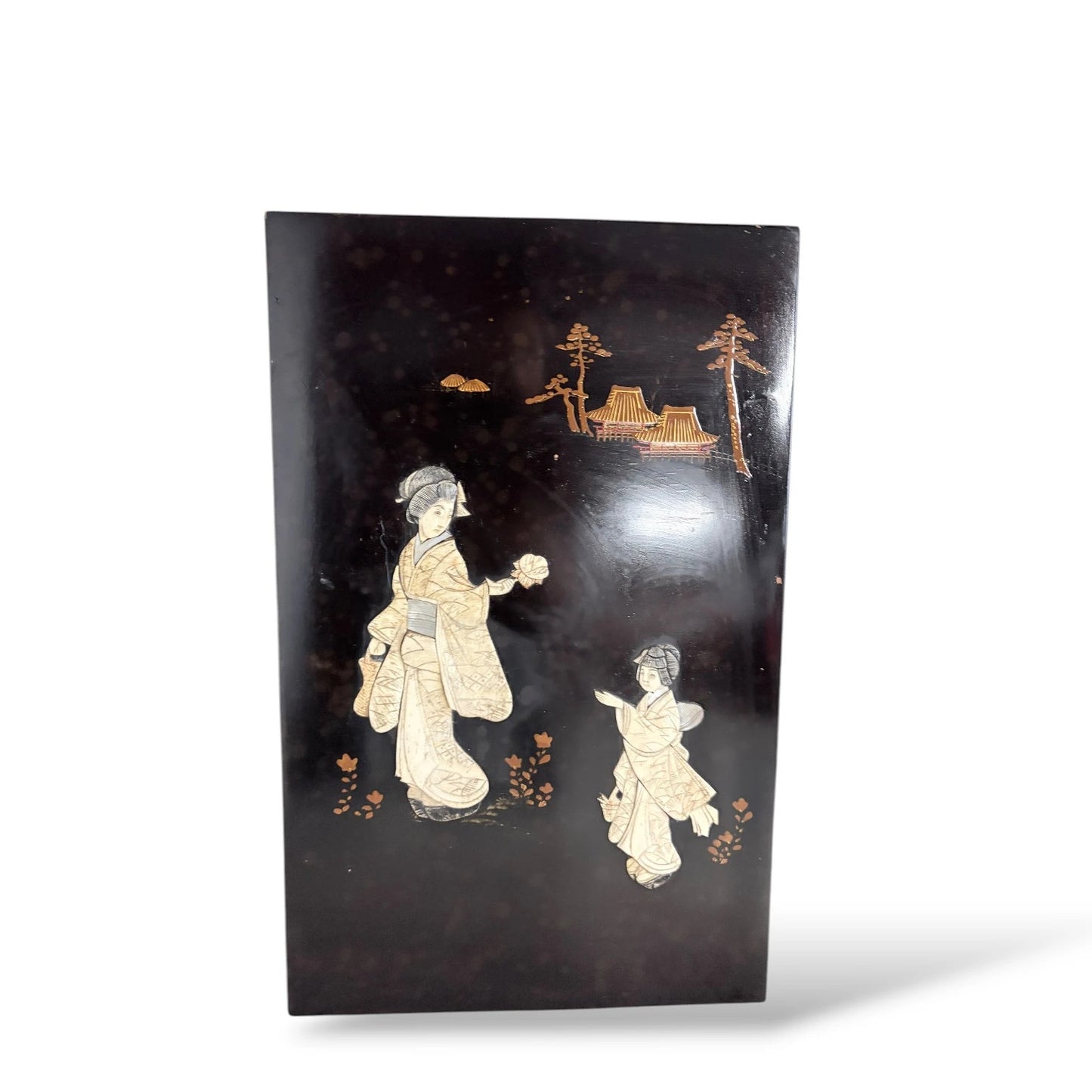 Pair of Vintage Japanese Mother-of-Pearl Panels – Ebonised Wood