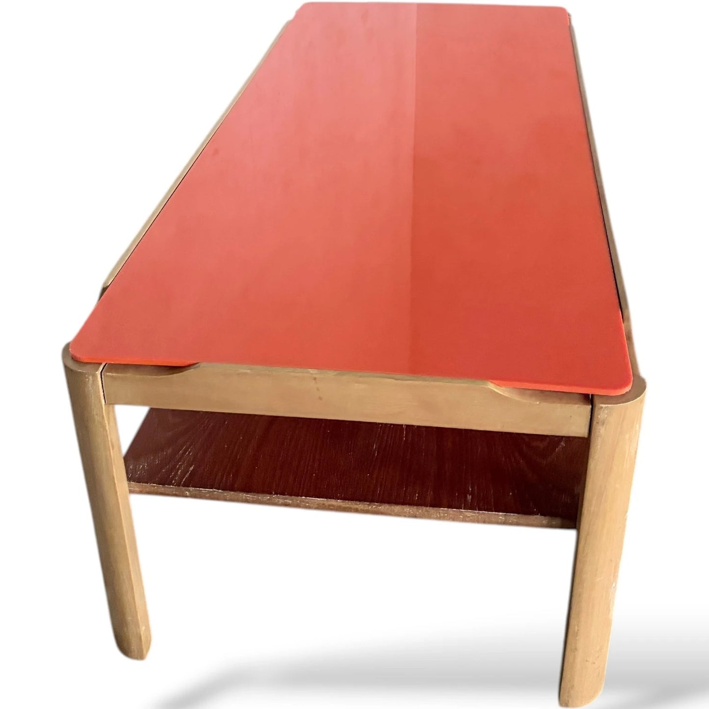 Mid Century Coffee Table – Custom Myers Orange Acrylic & Teak Two Tier Design — view 6