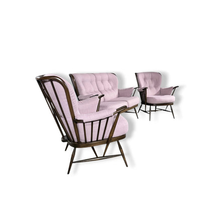 Ercol Everest Suite – Mid Century Living Room Set | Dusty Pink Sofa & Solid Beech Armchairs