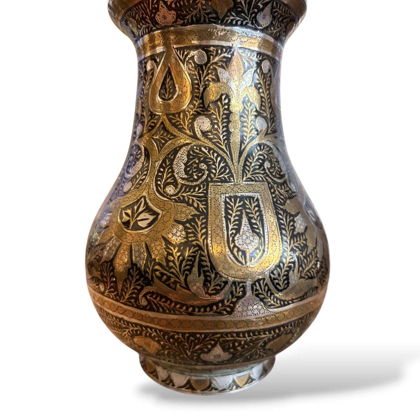 Vintage Brass and Silver Inlaid Vase – Hand-Etched Kashmiri Indian Bidri-Style Metalwork Vessel