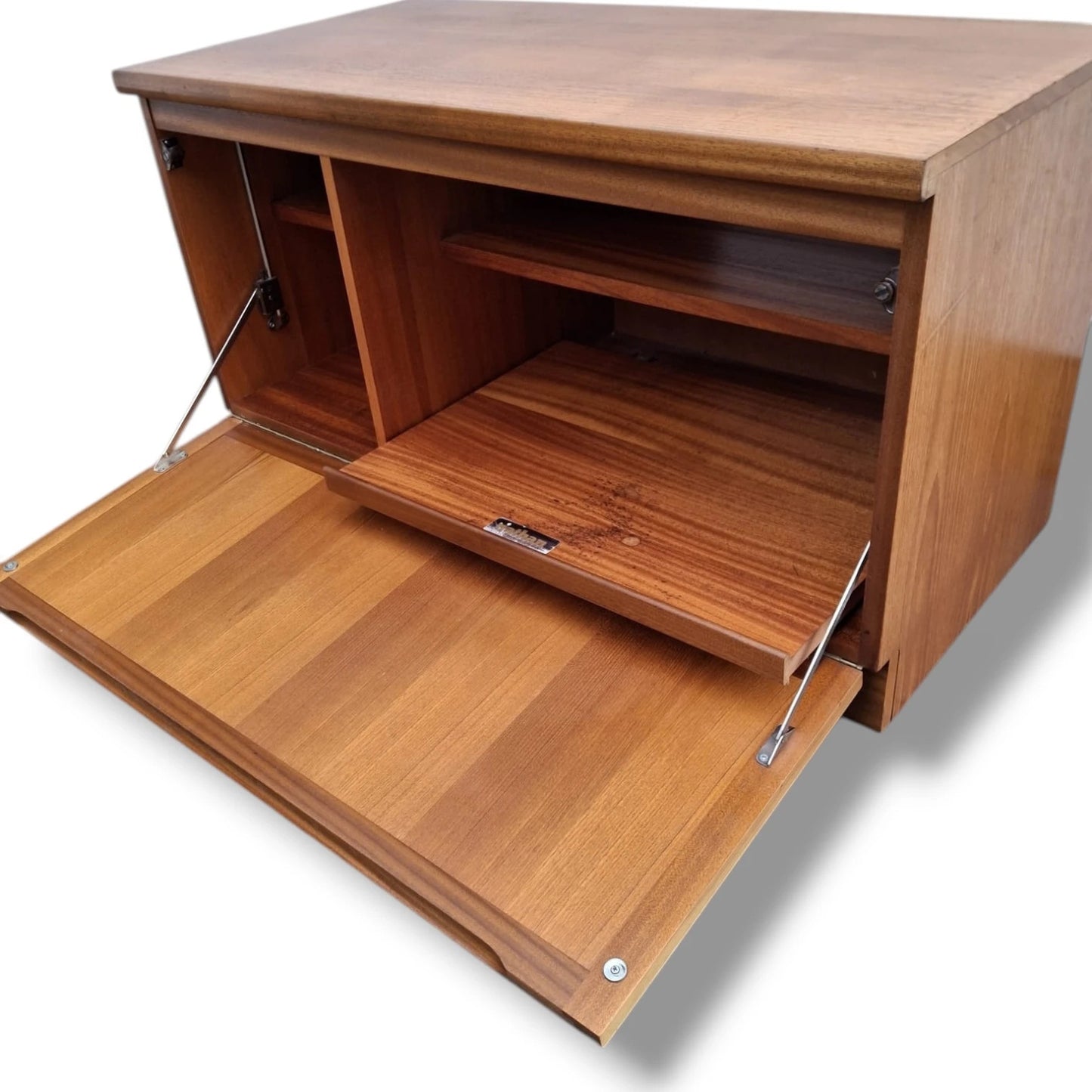 Vintage Drop-Front Cabinet – Mid-Century Modern Teak Wall Cabinet & Desk Unit