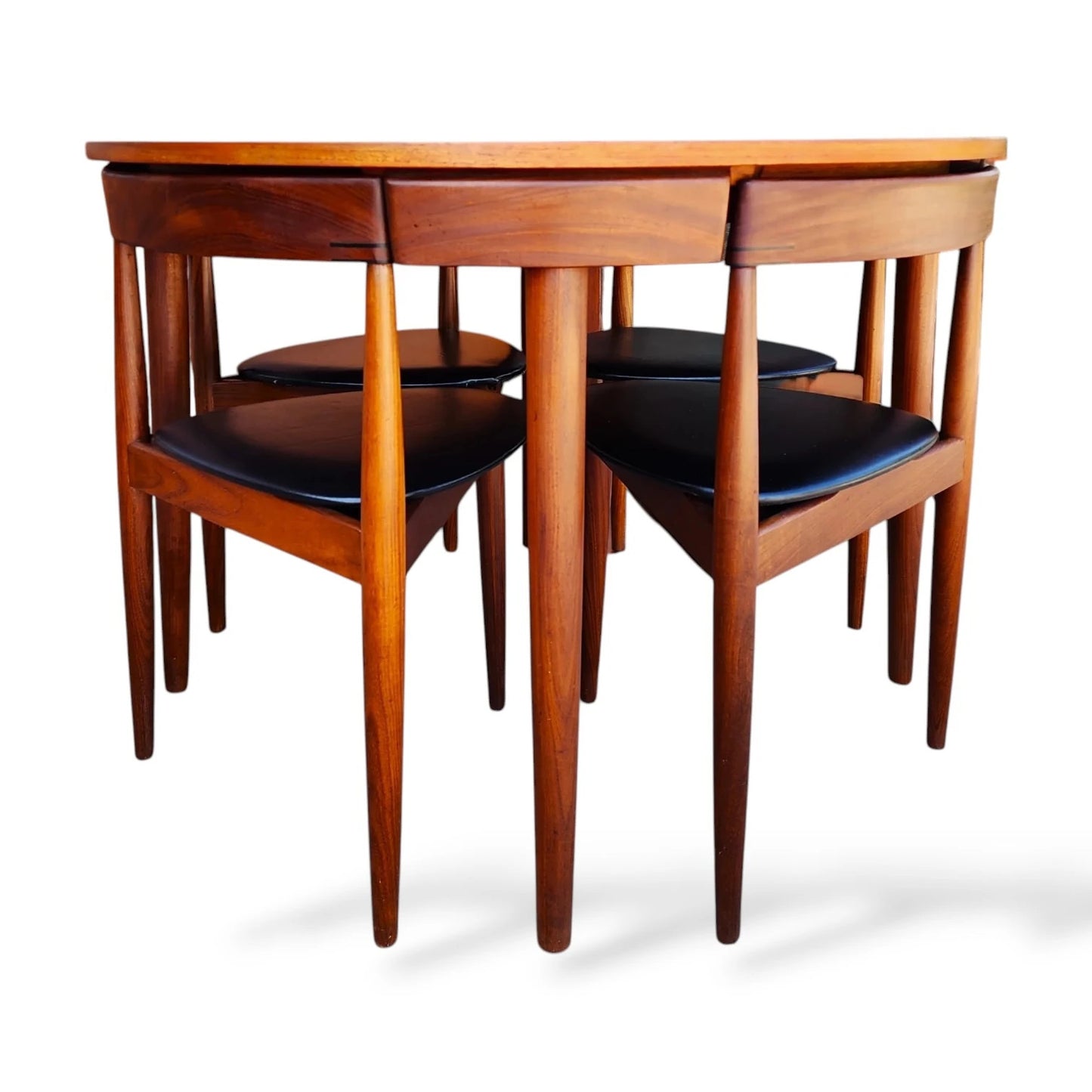 Hans Olsen Frem Røjle Roundette Dining Set | Danish Teak Table & 4 Three-Legged Chairs