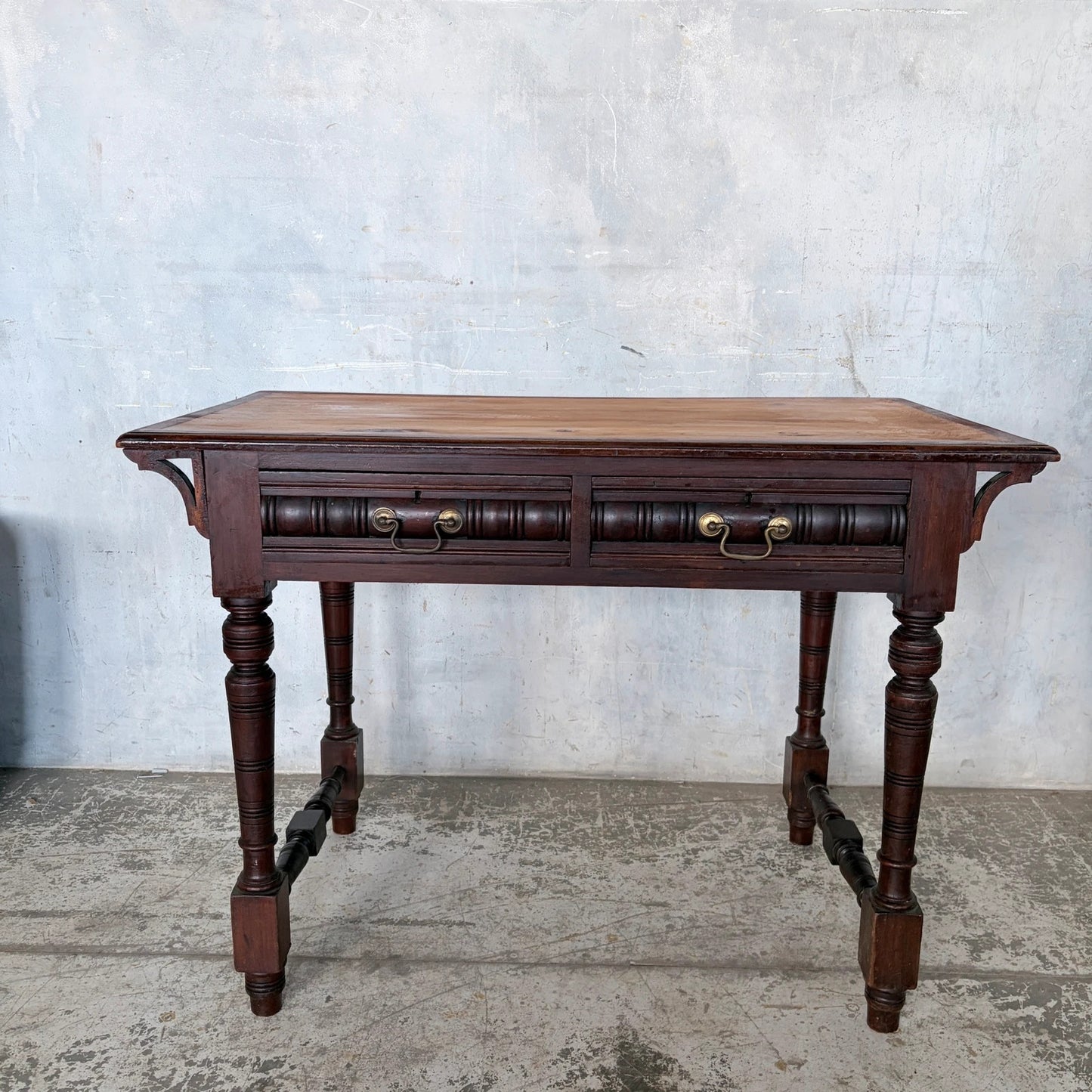 Vintage Pine & Mahogany Console Table with Brass Handle Drawers