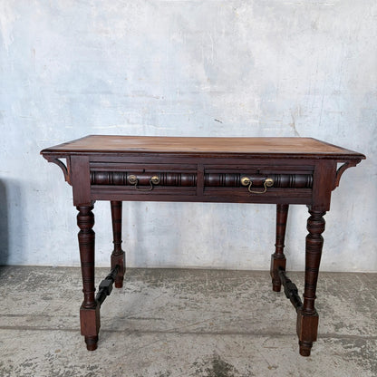Vintage Pine & Mahogany Console Table with Brass Handle Drawers