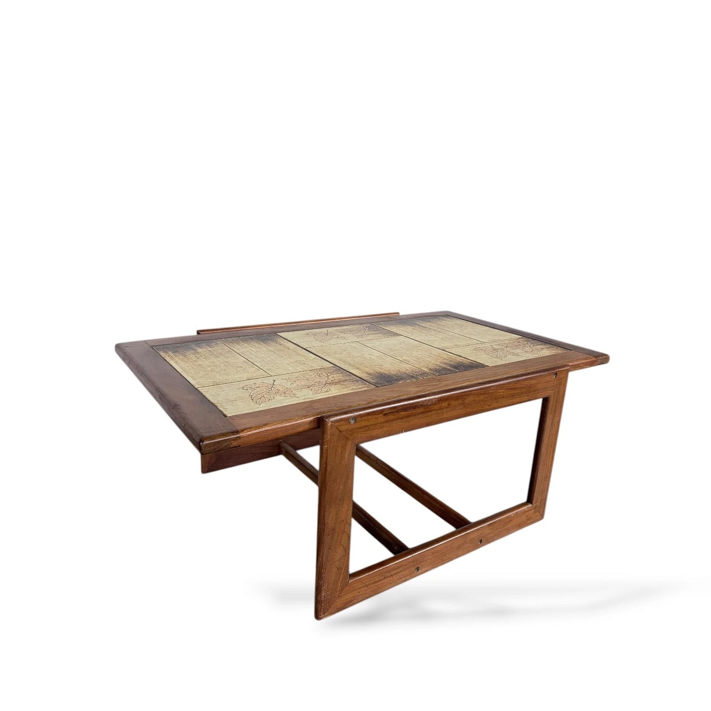 Mid-Century Teak & Tile Coffee Table – 1960s Sledge Base Design