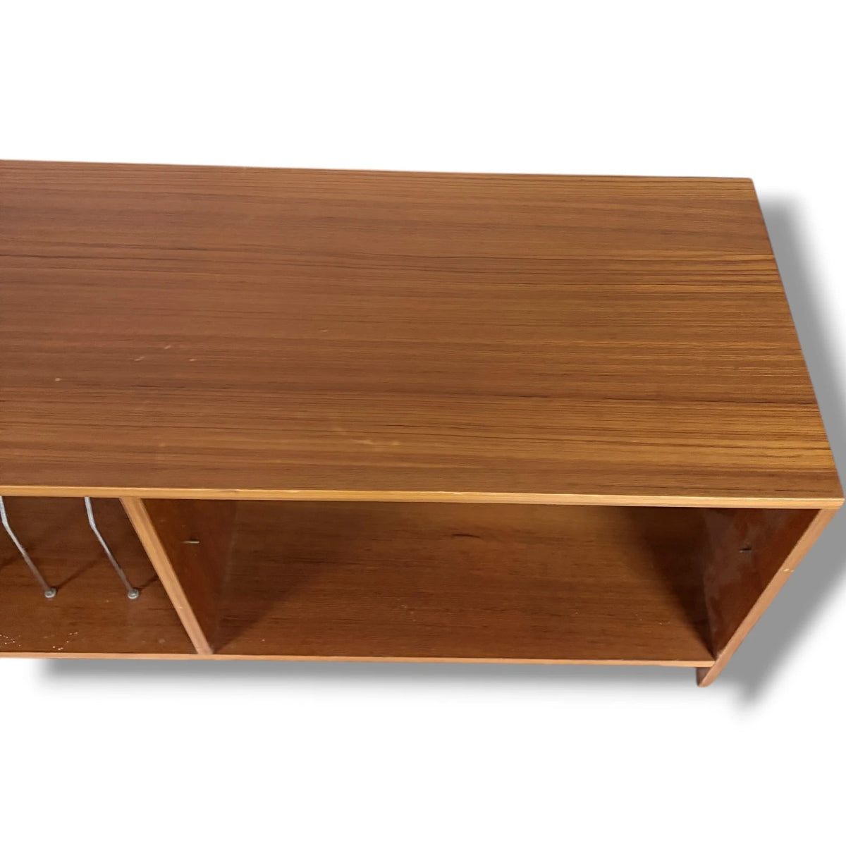 Mid Century Media Unit – Teak TV Stand with Vinyl Record Storage & Metal Wire Dividers