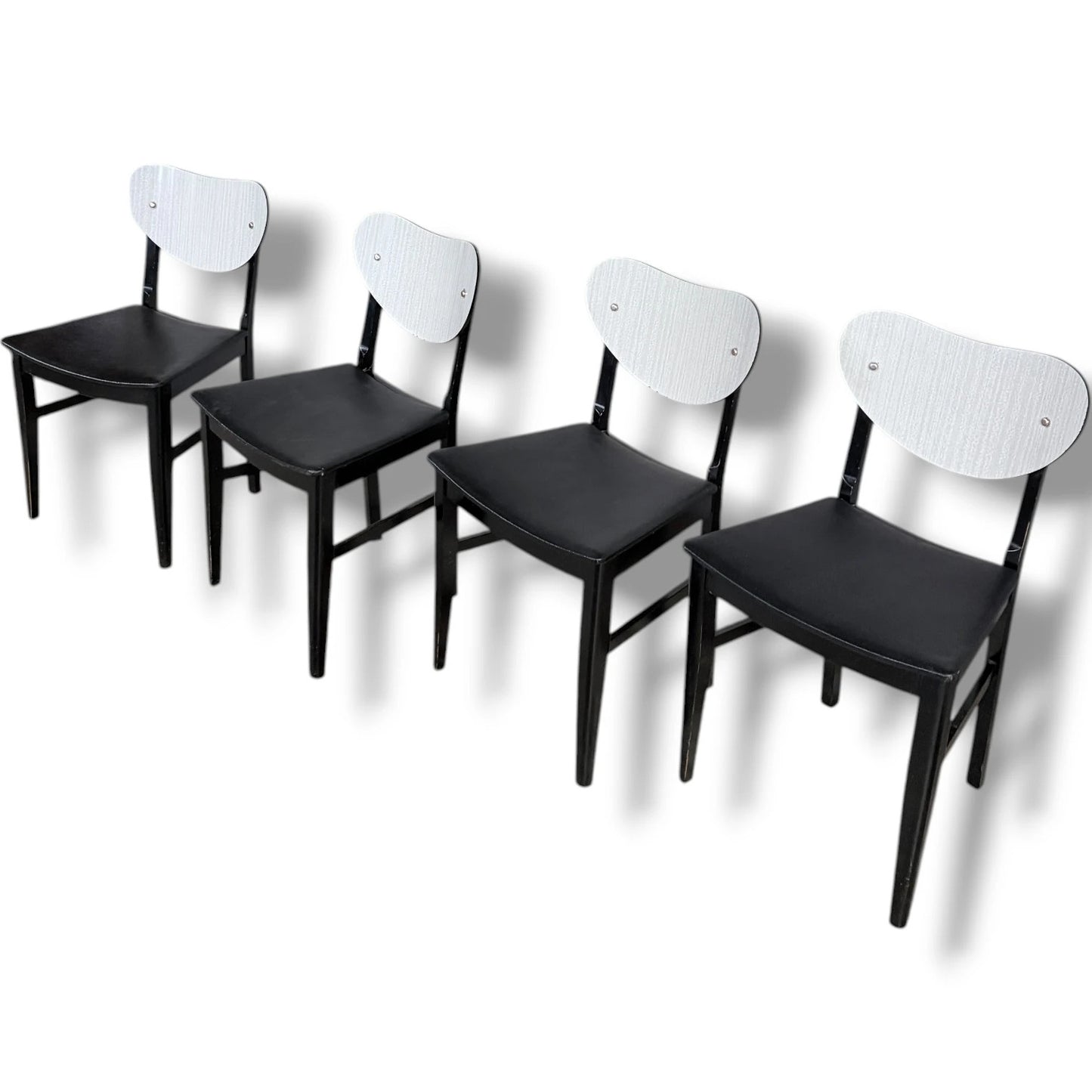 Mid-Century Dining Chairs | Set of Four Vintage White Formica & Black Vinyl Seats