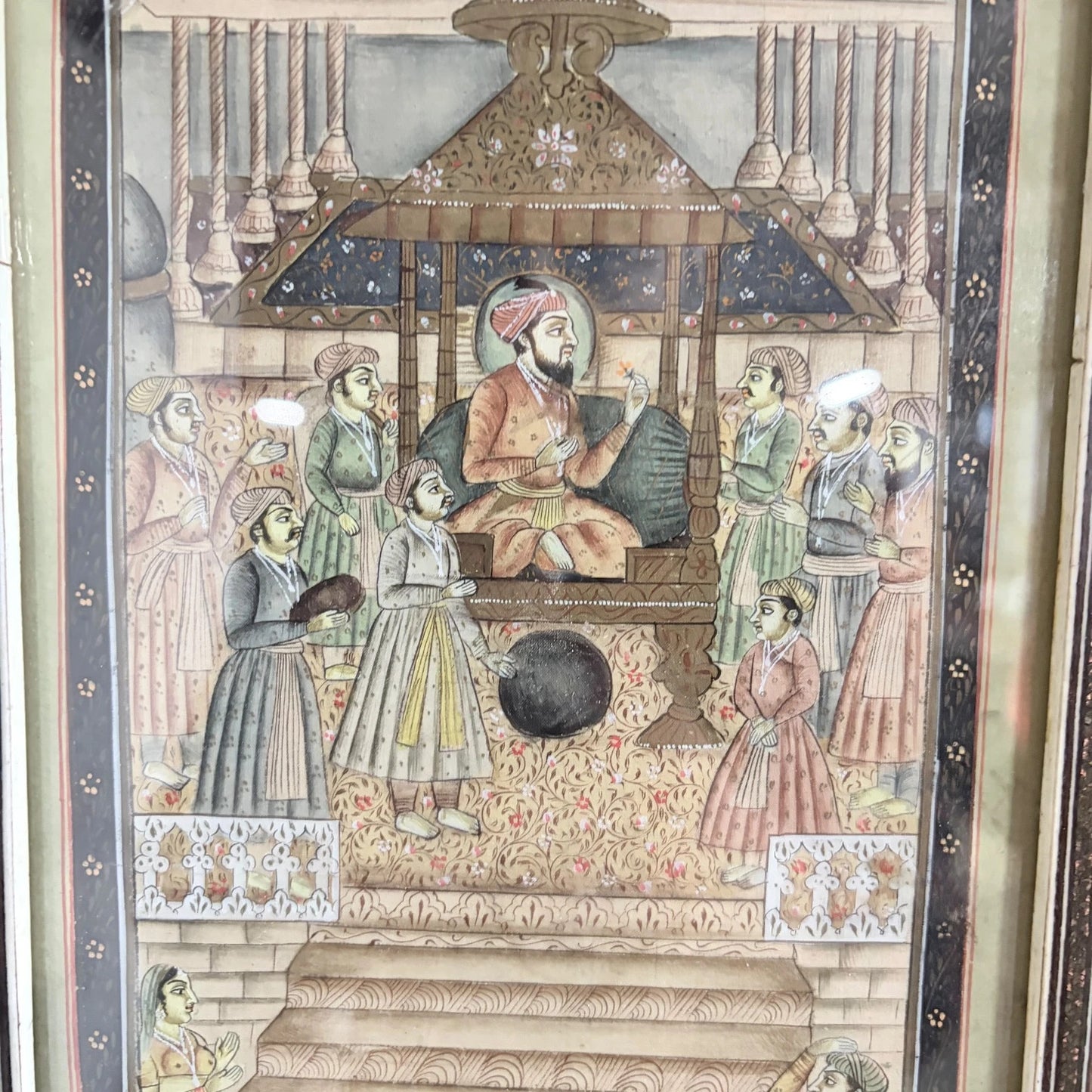 Framed Islamic Manuscript Miniature – Persian Court Scene in Khatam Marquetry Frame