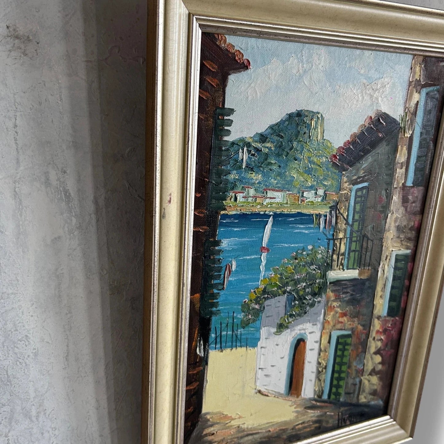 1970s Mediterranean Oil Painting – Framed Coastal Street Scene, Signed