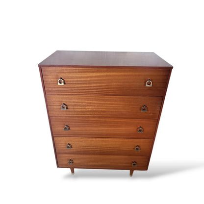 Mid-Century Chest Drawers | Tallboy Dresser with Brass Handles & Teak Veneer