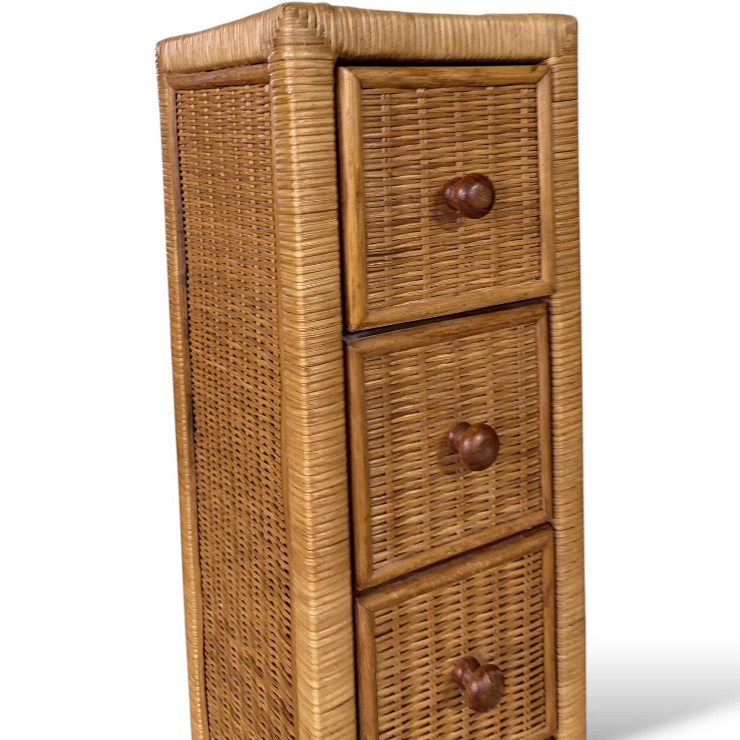 Vintage Wicker Tallboy Drawers – 1970s Natural Rattan Storage Unit Tallboy