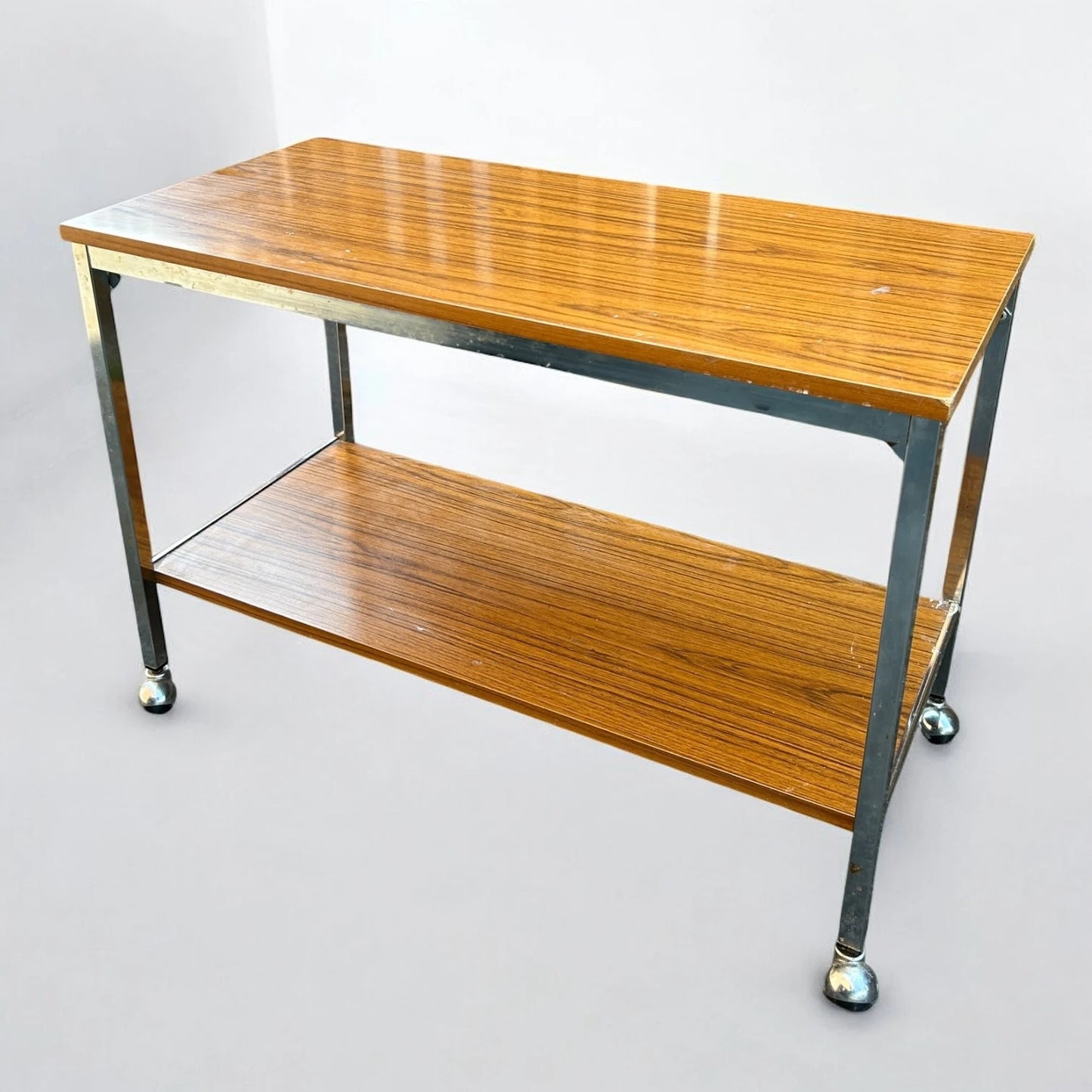 Mid Century Modern Walnut and Chrome Bar Drinks Trolley