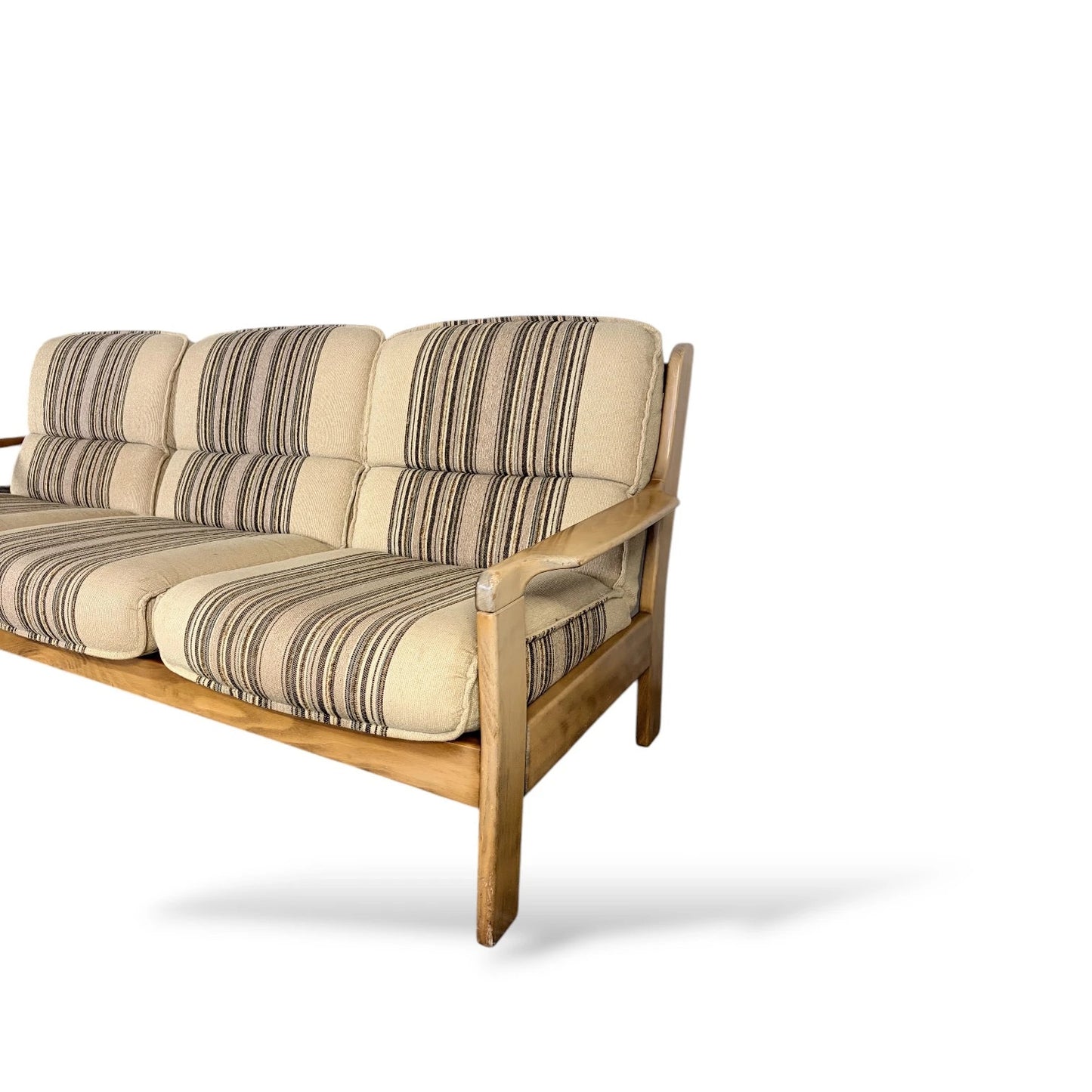 Danish Mid-Century Three-Seater Sofa | Brutalist Solid Wood Frame | Striped Woven Upholstery