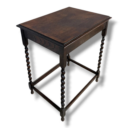 Barley Twist Side Table - Solid Oak Antique Occasional Table With Stretcher Base