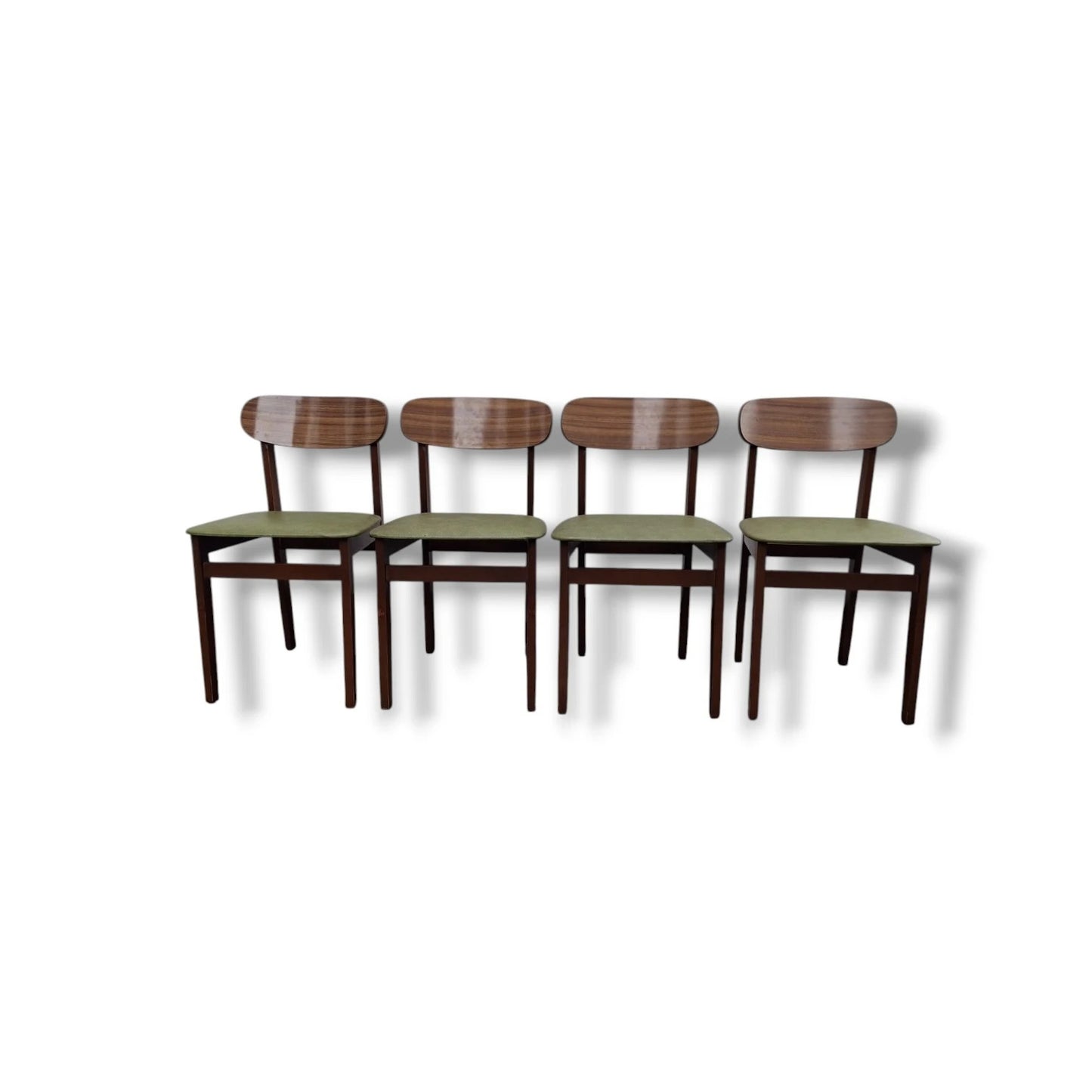 Mid Century Dining Chairs - Set of Four Teak Frames with Green Vinyl Seats