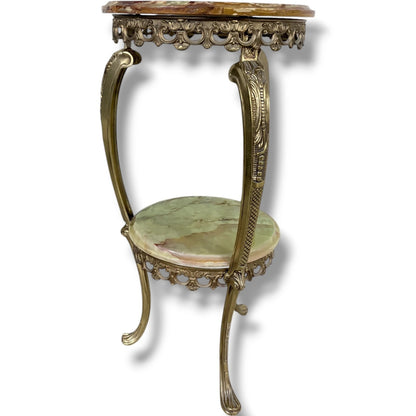 Vintage Onyx Plant Stand – Two Tier Green Onyx Shelves | Ornate Brass Frame