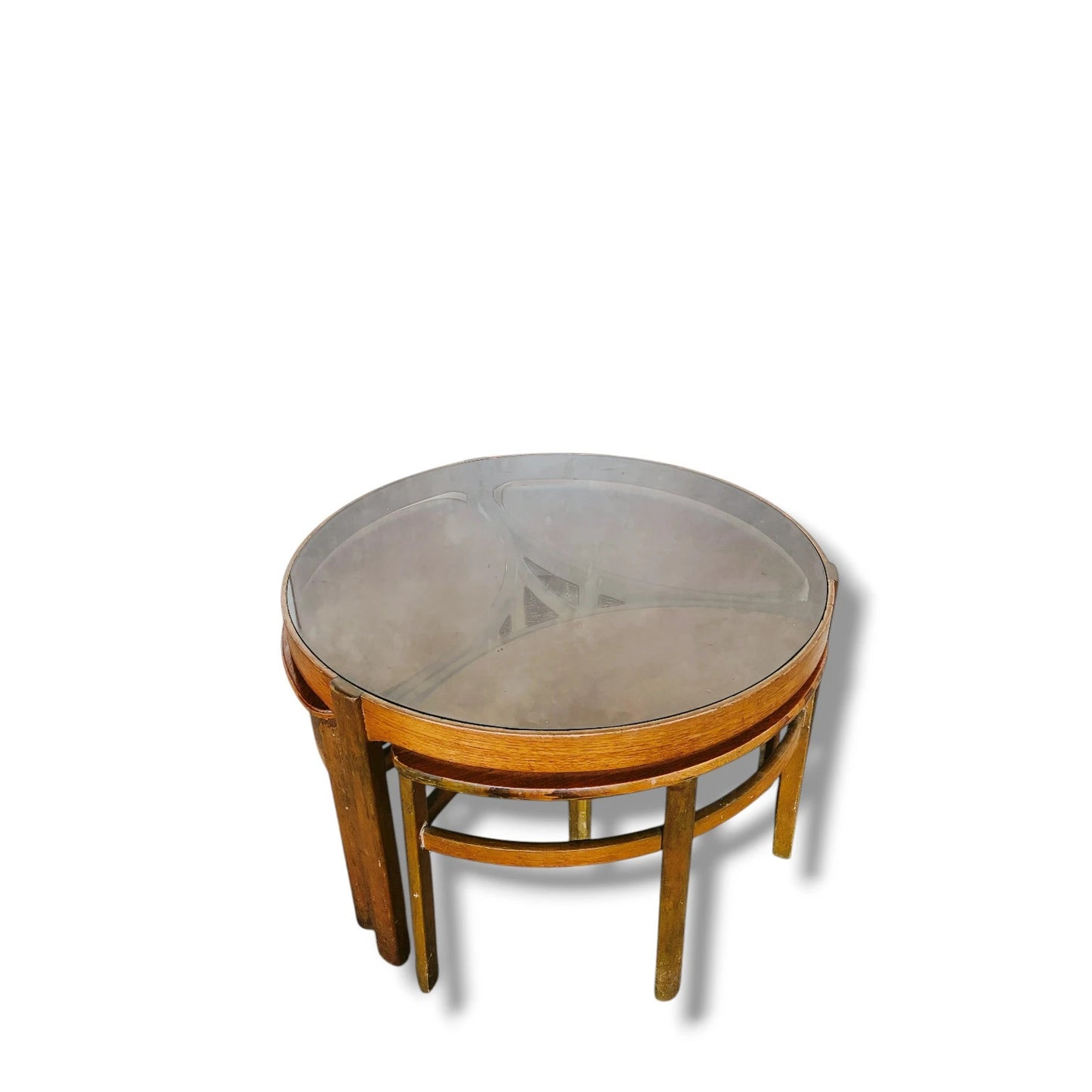 Nathan “Trinity” Nest of Tables – Mid-Century Teak with Smoked Glass Top