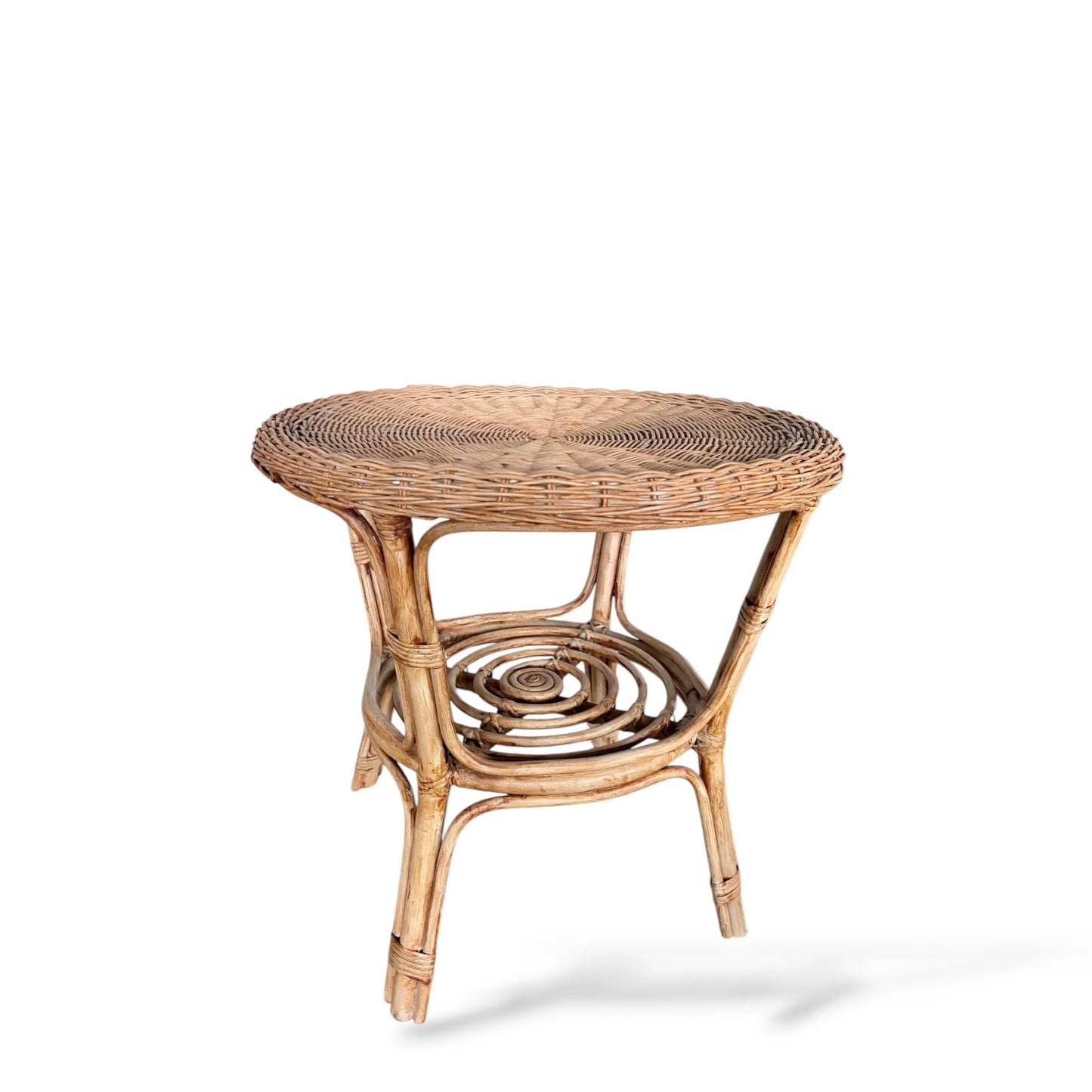 Vintage Bamboo Round Side Table – Small Rattan Accent Table