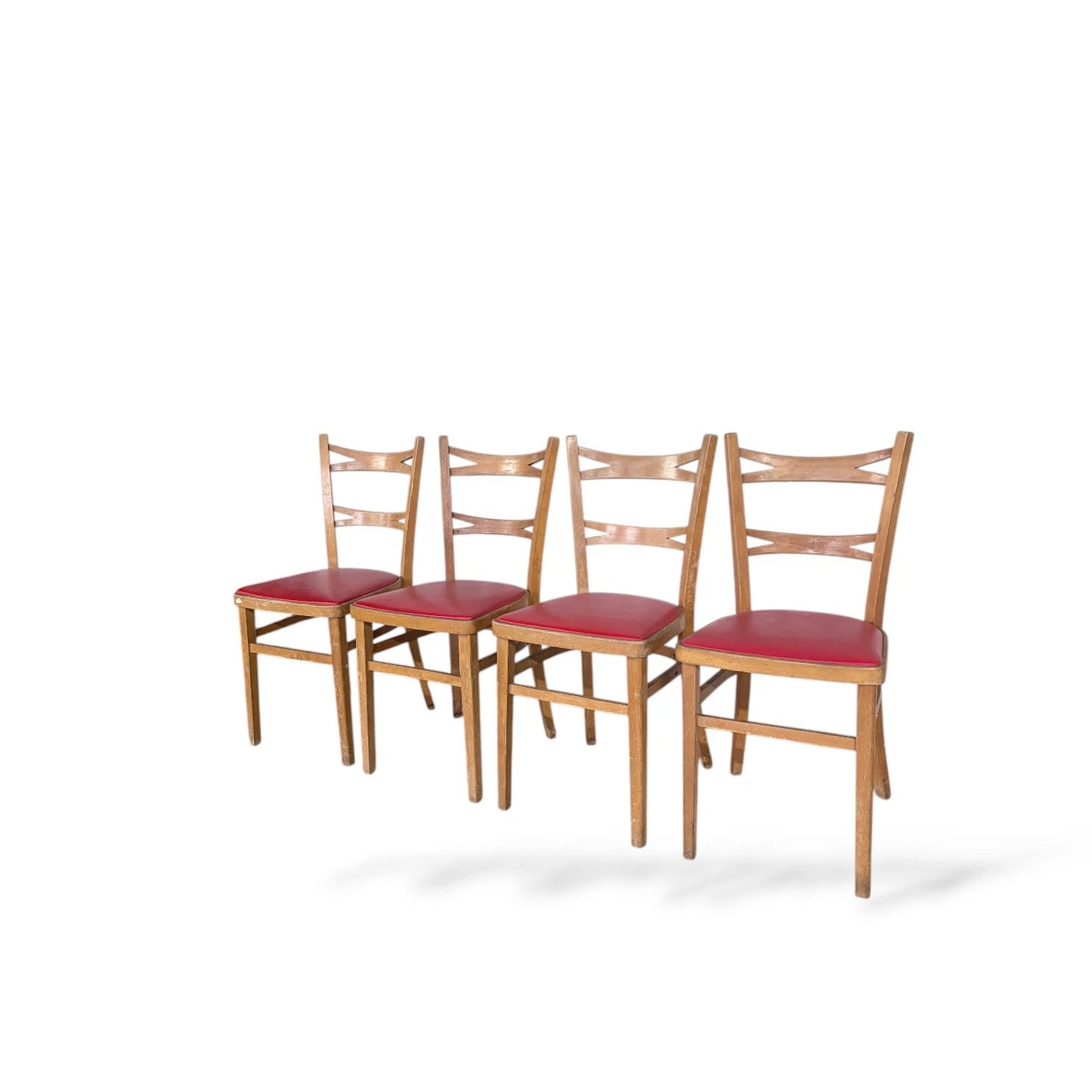 Set of 4 Vintage Dining Chairs with Red Vinyl Seats – 1950s Retro