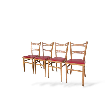 Set of 4 Vintage Dining Chairs with Red Vinyl Seats – 1950s Retro
