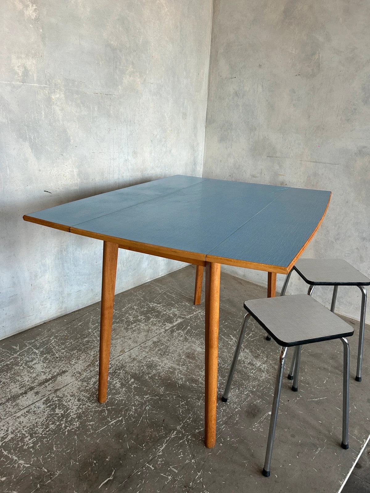 Mid Century Modern Blue Formica Drop Leaf Extendable Dining Table