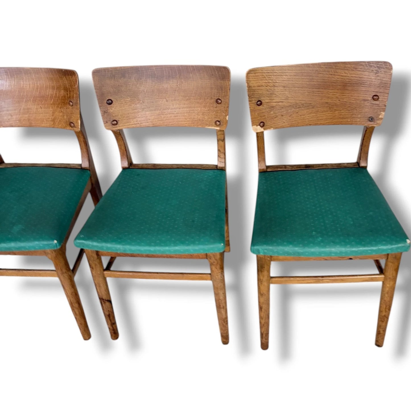 Vintage Oak Dining Chairs - Set of Four Solid Oak Chairs with Green Upholstered Seats