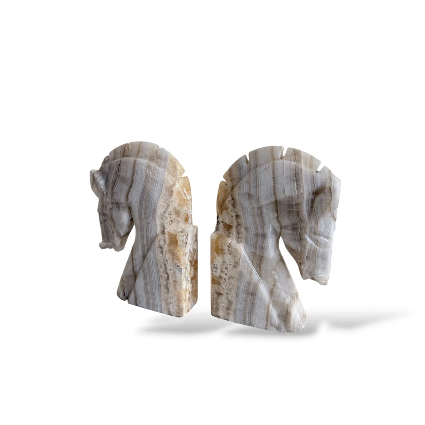 Vintage Onyx Horse Head Bookends – Natural Stone Carvings